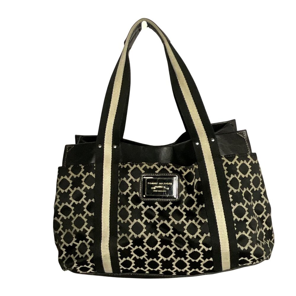 Tommy Hilfiger TH logo jacquard tote bag in brown & beige with faux leather trim